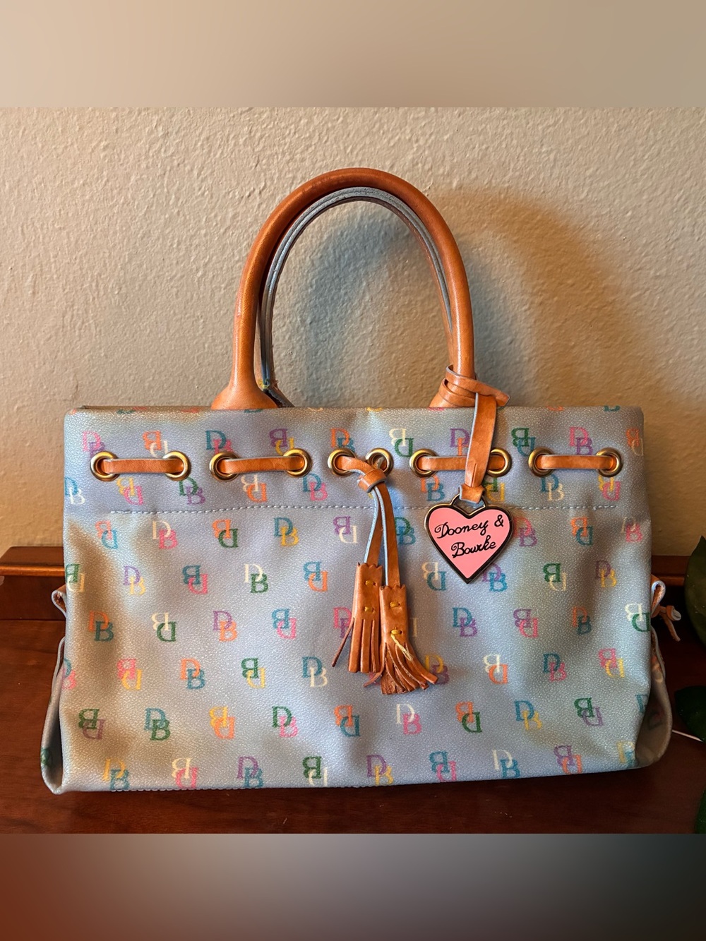 Dooney & Bourke Vintage Light Blue Multicolor Logo Tote with Tan Trim